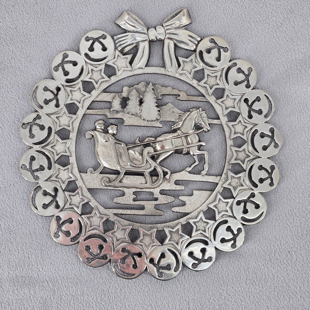 Italy Vintage 9" Silverplated Sleigh Scene Christmas Trivet Holiday‎ Decor